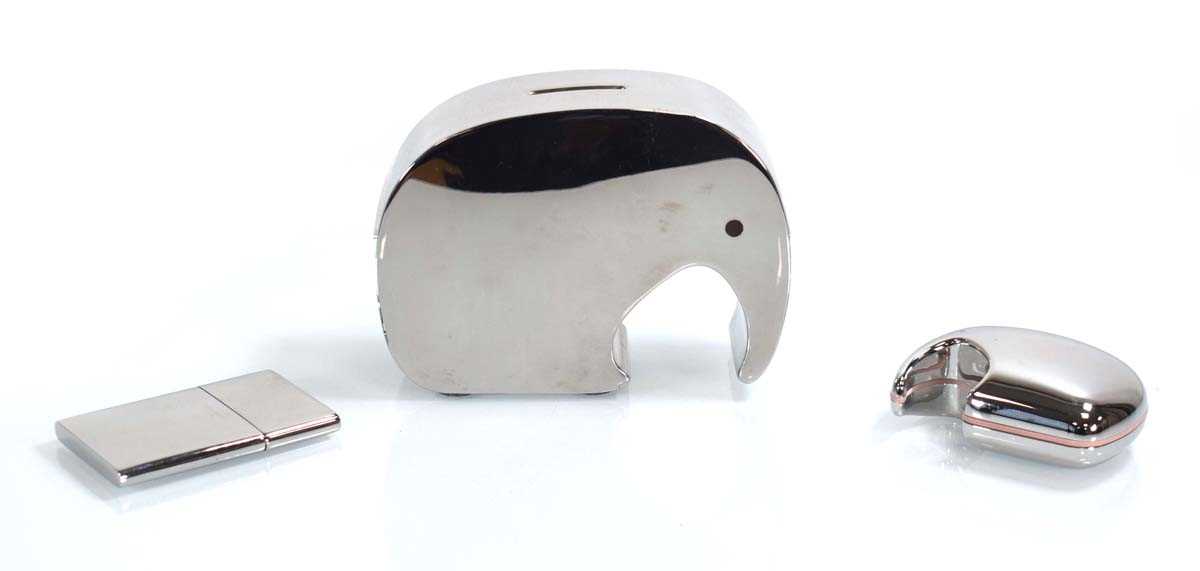 A Georg Jensen elephant money box together with a smaller matching container and a card case (3)