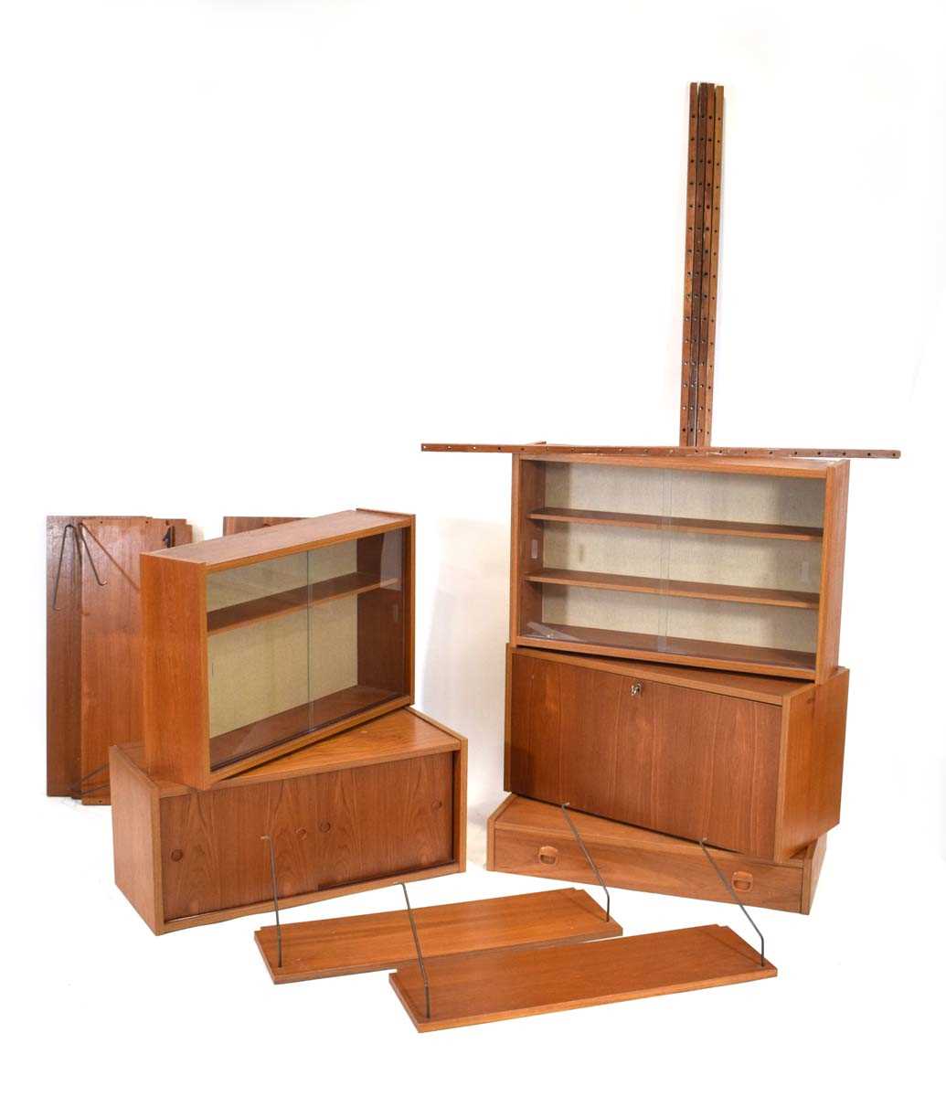 A group of 1960/70's Danish teak modular 'PS Systems' shelving including a fall-front bureau, two