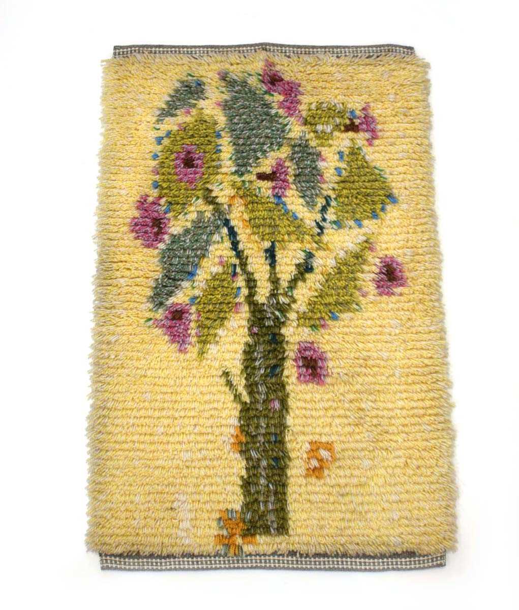 A Swedish wool rya wall hanging, the yellow ground depicting a bright tree, 98 x 61 cm