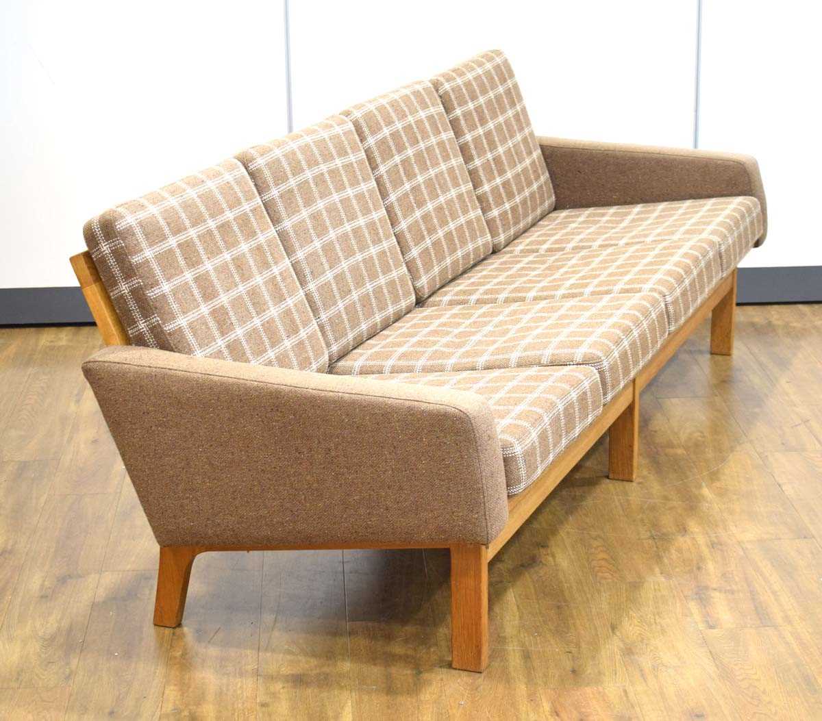 A 1960's oak framed three-seater sofa upholstered in green and white check fabric, w. 228 cm *Sold - Bild 2 aus 2
