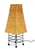 A 1960's tubular metal table lamp with a cane/rattan tapering shade, h. 47 cm