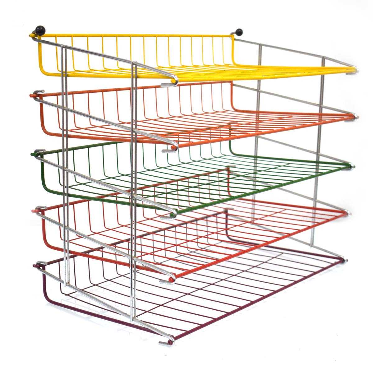 A 1960/70's five-tier metalwork organiser in yellow, orange, green, red and purple, 39 x 20 x 33 cm