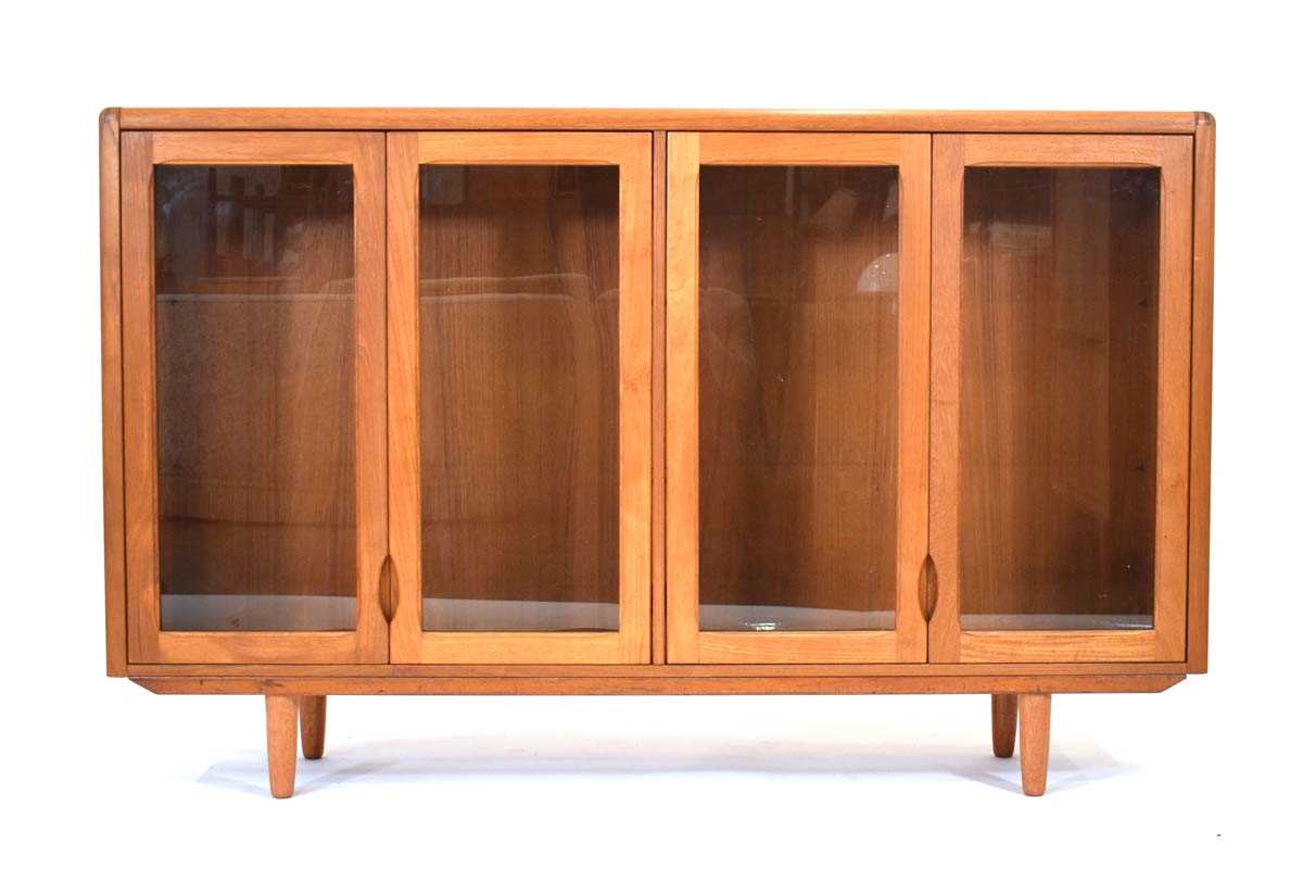 A 1960's 'd-Scan' of Singapore teak sideboard with four glazed doors, on tapering legs, w. 155 cm,