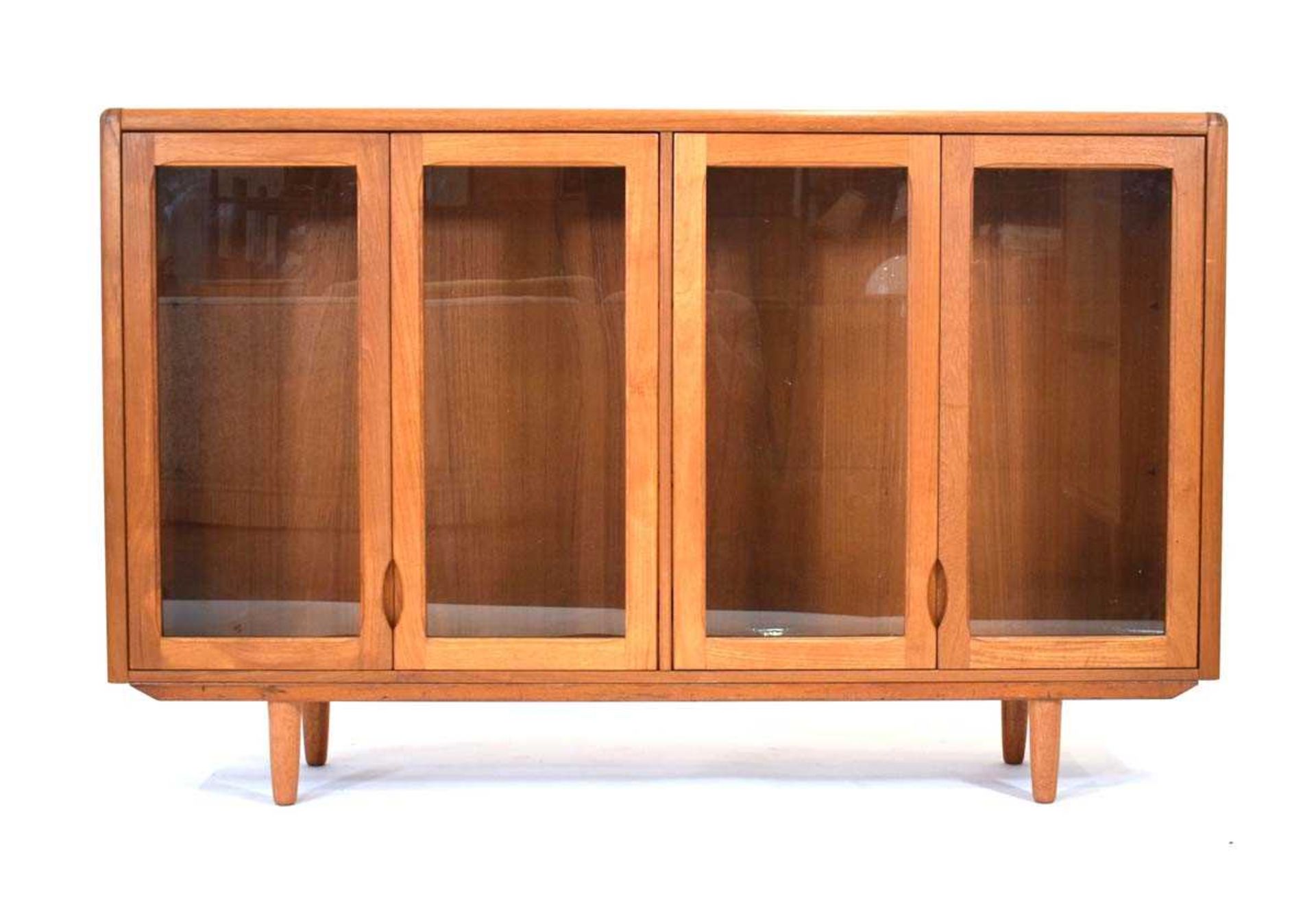 A 1960's 'd-Scan' of Singapore teak sideboard with four glazed doors, on tapering legs, w. 155 cm,