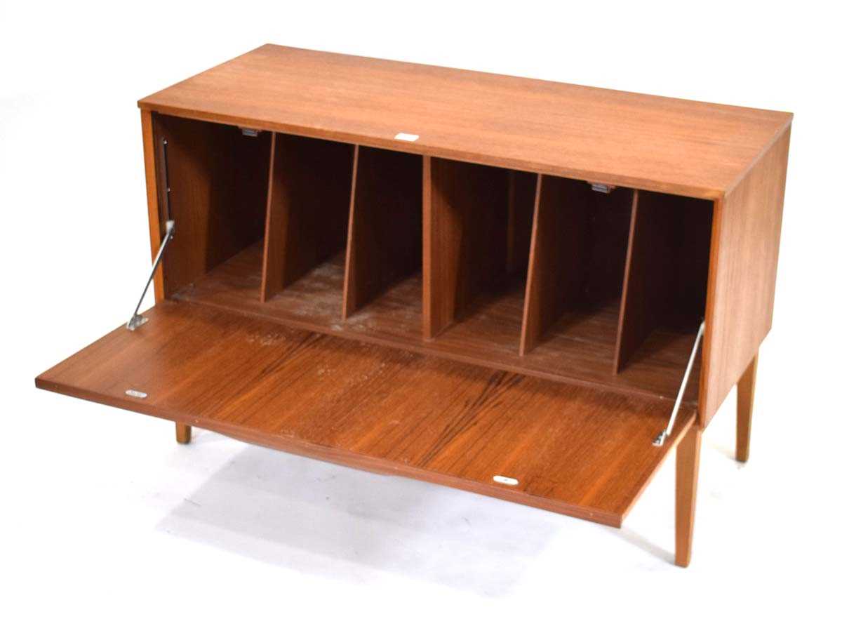 A 1960's Dynatron Limited teak record cabinet with a fall-front, on matched tapering legs, 99 x 42 x - Image 3 of 3