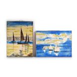 A pair of German ceramic wall plaques by Karlsruhe Majolika Company, each depicting boats at sea, 46