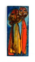 A West German ceramic plaque by Ruscha depicting two stylised figures on a blue ground, 50 x 22 cm
