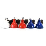 A set of five 1950's scissor-arm wall lights enamelled in red, white and blue (5) Leads cut,