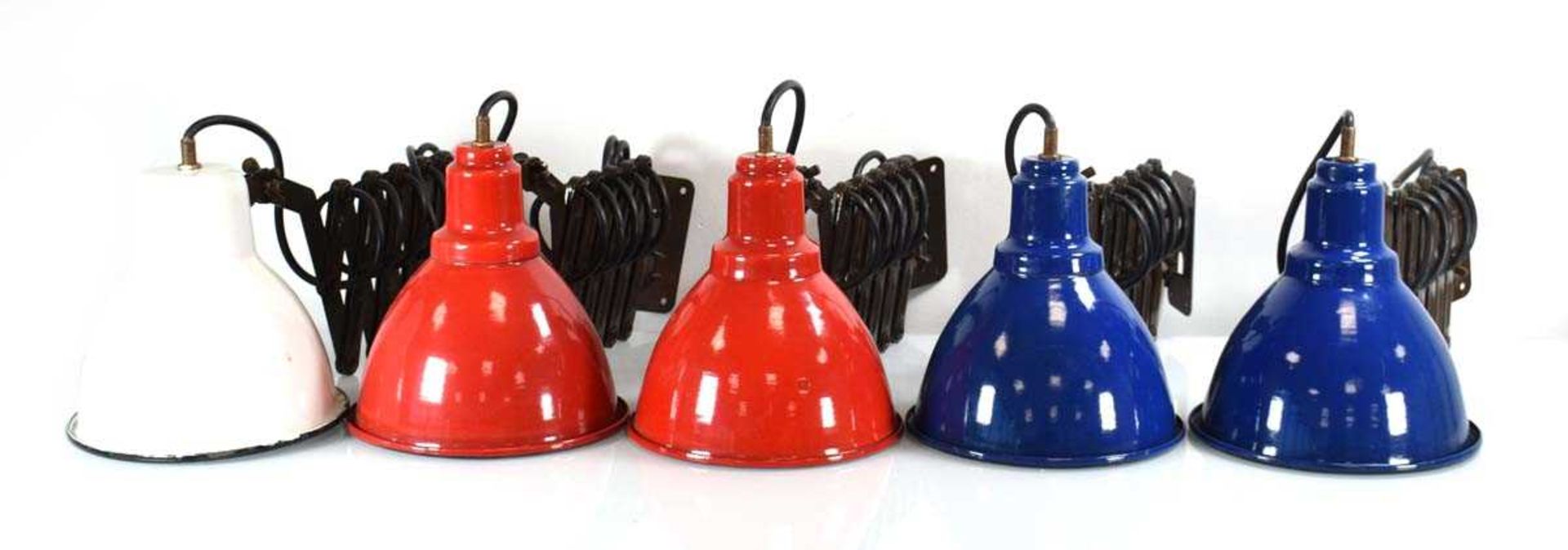 A set of five 1950's scissor-arm wall lights enamelled in red, white and blue (5) Leads cut,