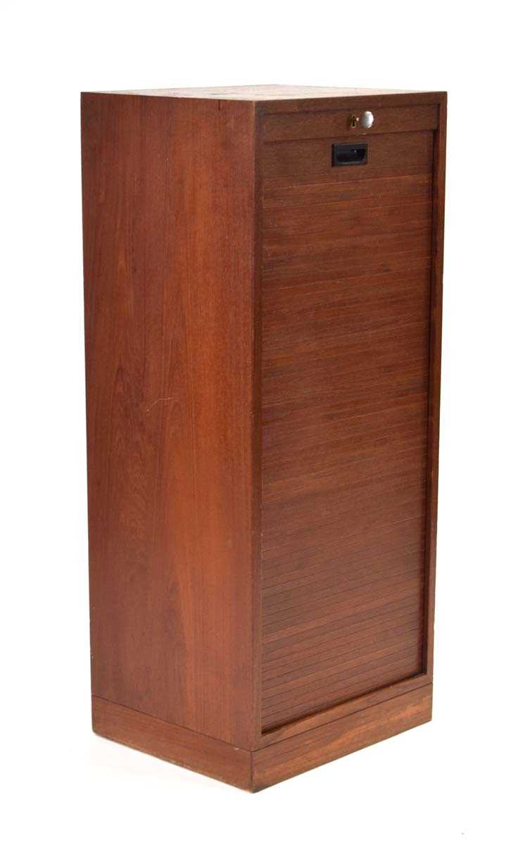 A 1950's Danish teak tambour cabinet fitted with seven beech drawers on a plinth base, 45 x 35 x 108 - Bild 2 aus 10