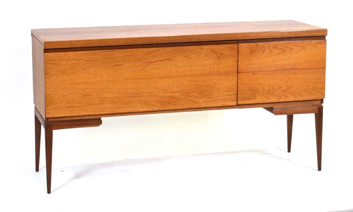 A 1970's teak sideboard in the manner of White & Newton, on associated tapering legs, 153 x 49 x - Image 2 of 3