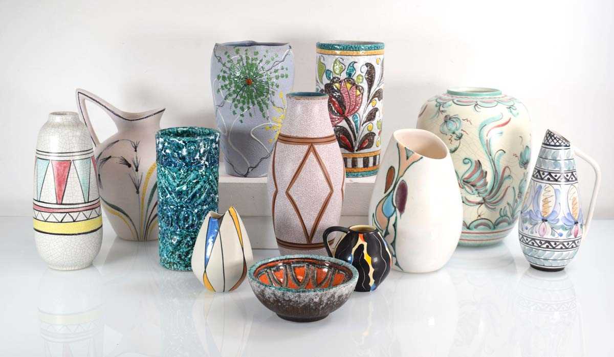 A group of Italian, German and similar pastel pottery including ewers, vases and a small bowl (12)