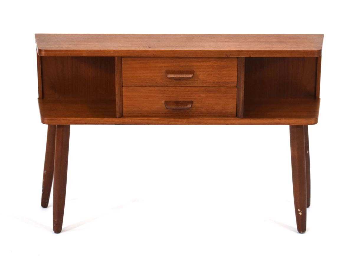 A 1960/70's teak console or telephone table with two drawers, on canted legs, 80 x 20 x 53 cm