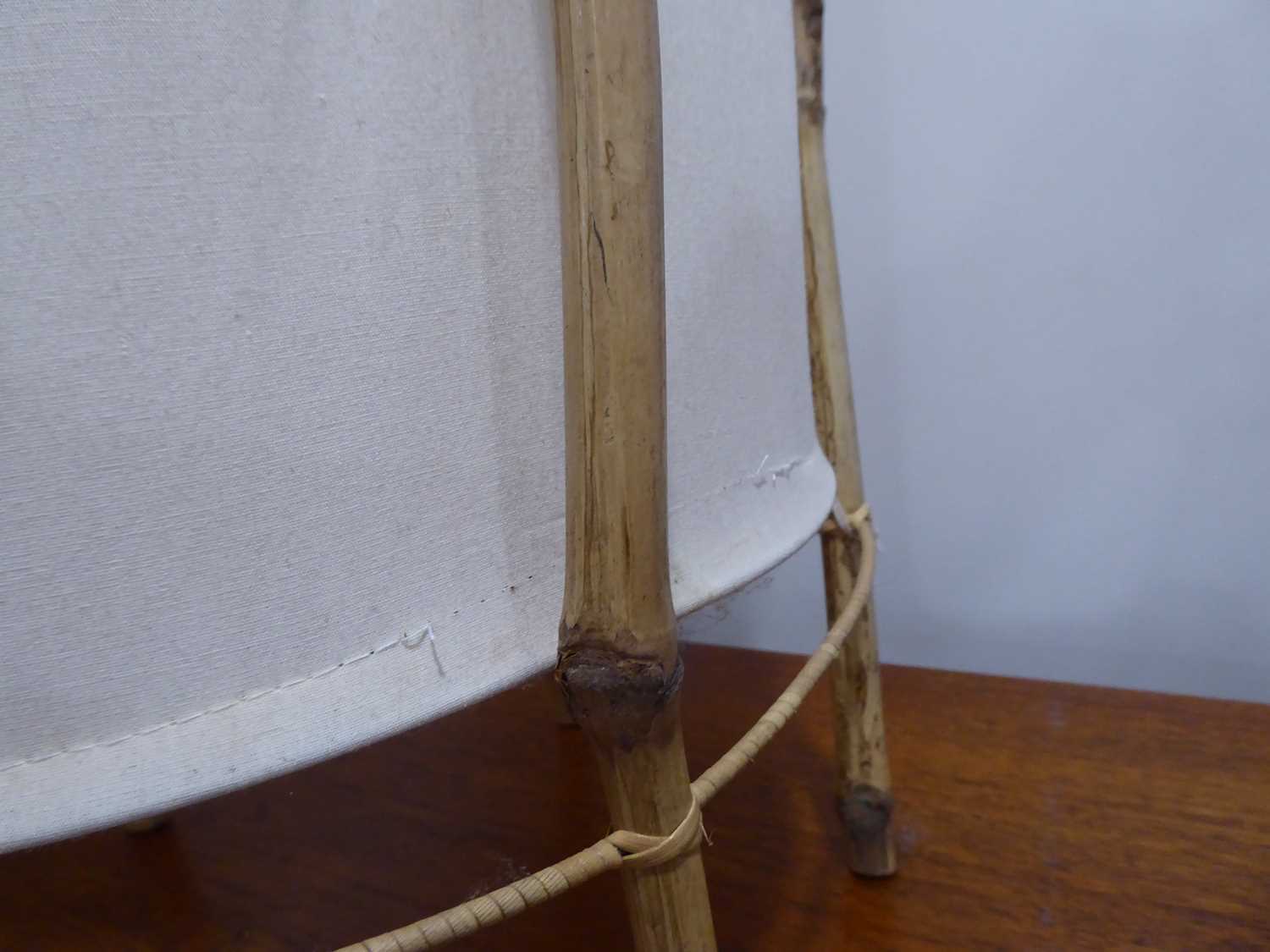 A pair of bamboo and fabric floor lamp shades, h. 100 cm Reasonably stable. Fabric is intact some - Image 5 of 6