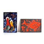 A ceramic wall plaque depicting a bright red fish, 32 x 20 cm, together with another modelled as two