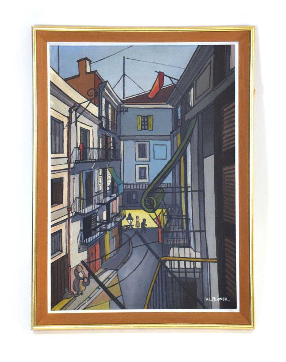 Walter Leslie Fenner (1927-2007), A stylised street, signed, oil on board, image 51 x 33 cm