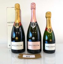 +VAT 2 1/2 various bottles of Bollinger Champagne, 1x Rose Brut 75cl, 1x Special Cuvee Brut with box