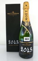 A bottle of Moet & Chandon Grand Vintage 2013 Extra Brut Champagne with box 75cl