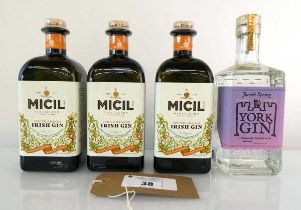 +VAT 4 bottles of Gin, 3x Micil Spiced Orange Irish Gin from Galway 42% 70cl & 1x York Gin Jorvik