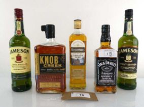 +VAT 5 bottles of Whiskey, 1x Knob Creek Single Barrel Select Bourbon 60% 75cl, 1x Jack Daniel's No7