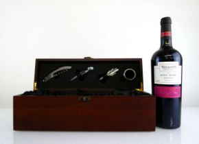 A Wine Gift Set in box with Bottle opener, Stopper, Pourer, Collar & Trivento 2004 Shiraz Malbec