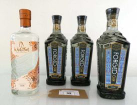 +VAT 4 bottles of gin, 1x WhataHoot Hushwing Gin from Norfolk 40% 70cl & 3x Forged Winter Gin from