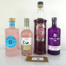 +VAT 4 bottles of gin, 1x Wildcat Bramble Blackberry Gin 37.5% 1 litre, 1x Edinburgh Rhubarb &