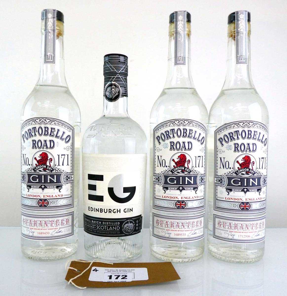 +VAT 4 bottles of Gin, 3x Portobello Road No.171 London Dry Gin 42% 70cl & 1x Edinburgh Gin Small