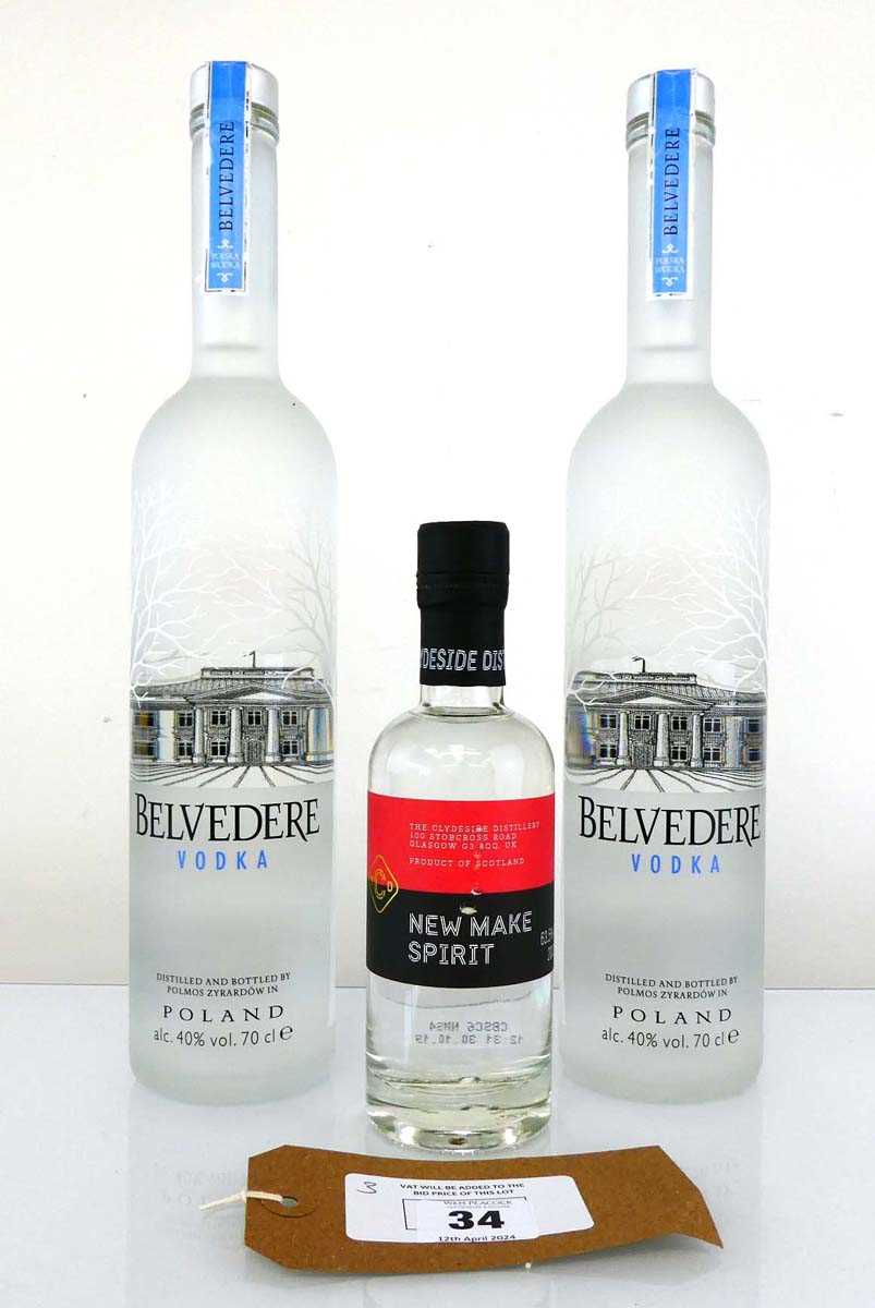 +VAT 3 bottles of Vodka, 2x Belvedere Vodka from Poland 40% 70cl & 1x The Clydeside Distillery New