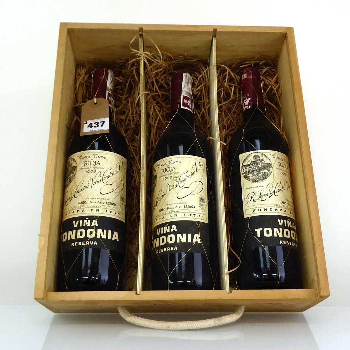 3 bottles of R. Lopez de Heredia Vina Tondonia Reserva 2008 Rioja DOCa, Spain with wooden box