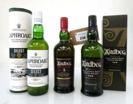 +VAT 3 bottles of Islay Single Malt Scotch Whisky, 1x Ardbeg Ten years old The Ultimate with box 46%