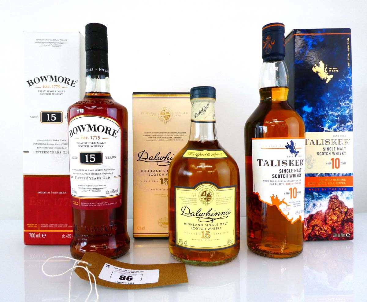 +VAT 3 bottles of Single Malt Scotch Whisky with boxes, 1x Bowmore 15 year old Islay 43% 70cl, 1x