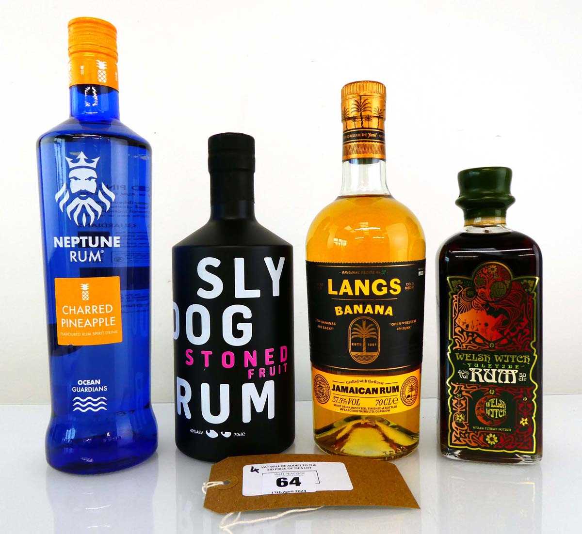 +VAT 4 various bottles of Rum, 1x Sly Dog Stoned Fruit Rum 40% 70cl, 1x Langs Banana Gold Medal