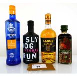 +VAT 4 various bottles of Rum, 1x Sly Dog Stoned Fruit Rum 40% 70cl, 1x Langs Banana Gold Medal