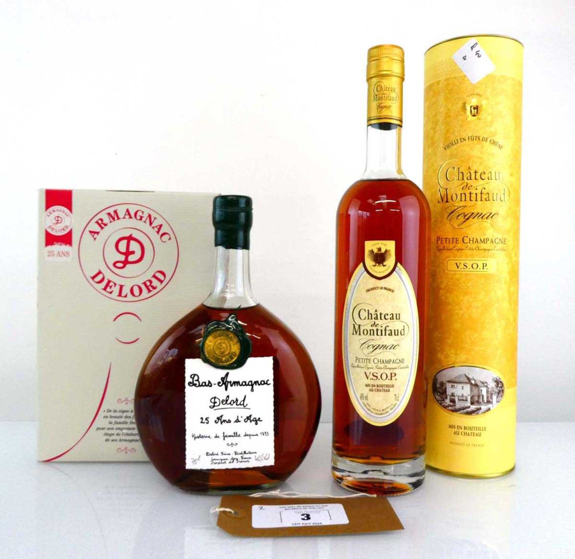 +VAT 2 bottles, 1x Delord 25 years aged Bas Armagnac with box 40% 70cl & 1x Chateau de Montifaud V.