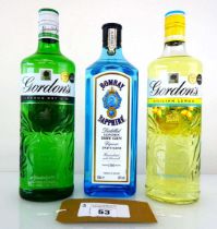 +VAT 3 bottles of Gin, 1x Bombay Sapphire London Dry Gin 40% 1 litre, 1x Gordon's London Dry Gin