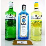 +VAT 3 bottles of Gin, 1x Bombay Sapphire London Dry Gin 40% 1 litre, 1x Gordon's London Dry Gin