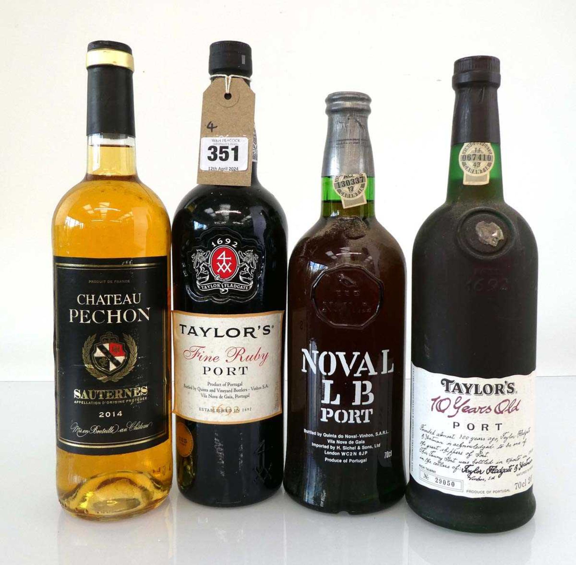 4 bottles, 1x 2014 Chateau Pechon Sauternes, 1x Quinta do Noval LB Finest Reserve Port, 1x Taylor