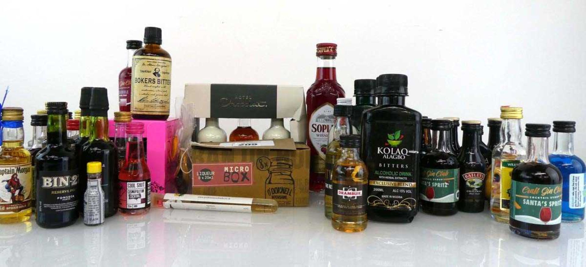 +VAT approx 60 assorted miniatures & small bottles including Vodka, Port, Tequila, Baileys,