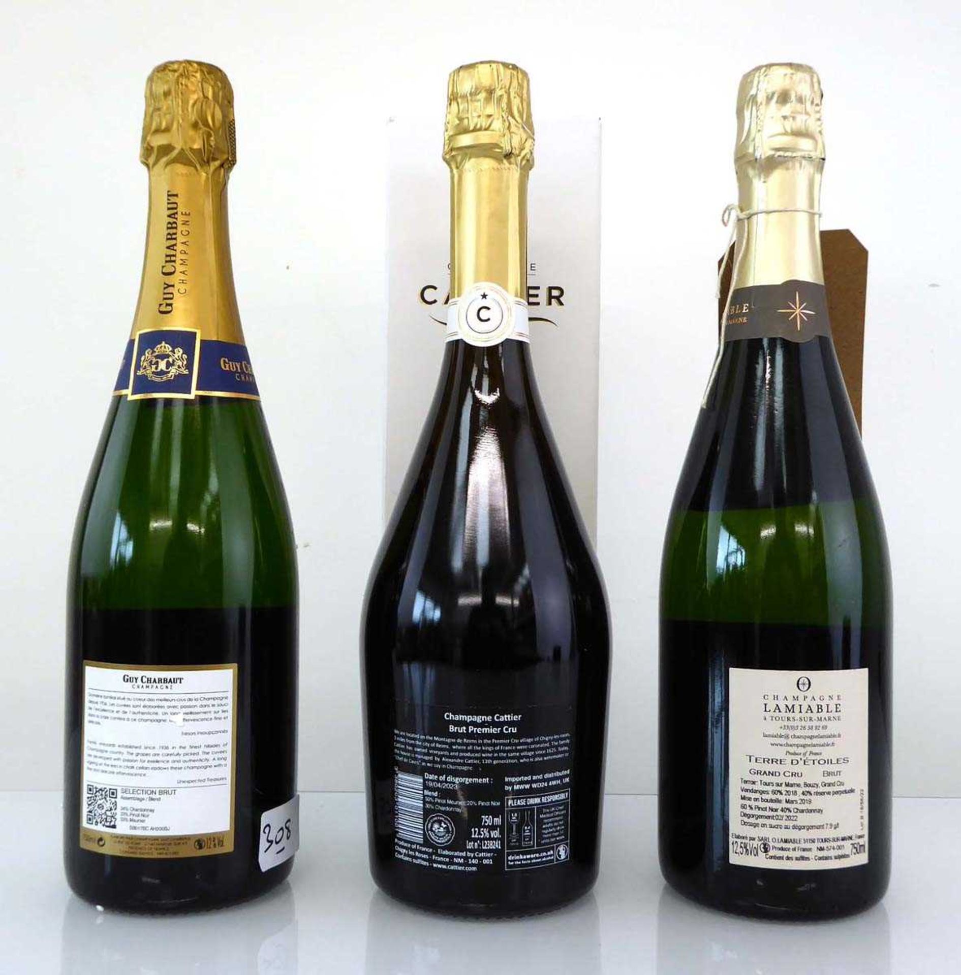 +VAT 3 bottles of Chamagne, 1x Cattier Brut Premier Cru with box, 1x Lamiable Terre D'Etoiles Brut - Image 2 of 2