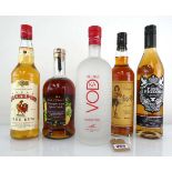 5 bottles, 1x The Lakes Distillery Premium Vodka Cumbria 40% 1 litre, 1x Co-op Pineapple Rum 40%