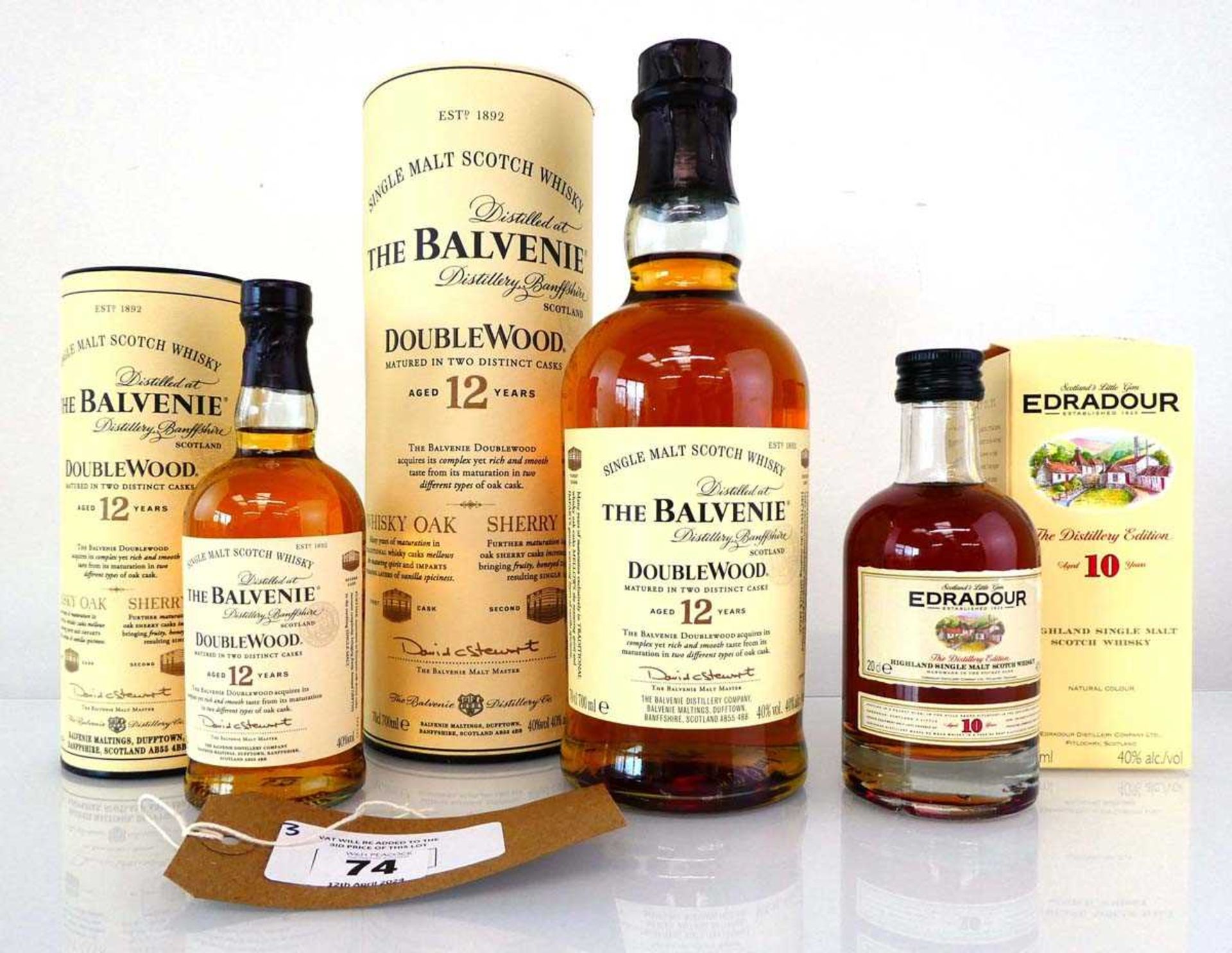 +VAT 3 various bottles of Single Malt Scotch Whisky, 1x The Balvenie Doublewood 12 year old with