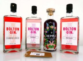 +VAT 4 bottles of Gin, 1x Hepple Sloe & Hawthorne Gin 29.9% 50cl & 3x Bolton Gins 31.5% 50cl 1x