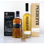 2 bottles, 1x Penderyn Ex-Rye Casks Small Batch Single Malt Welsh Whisky with box one of 2050