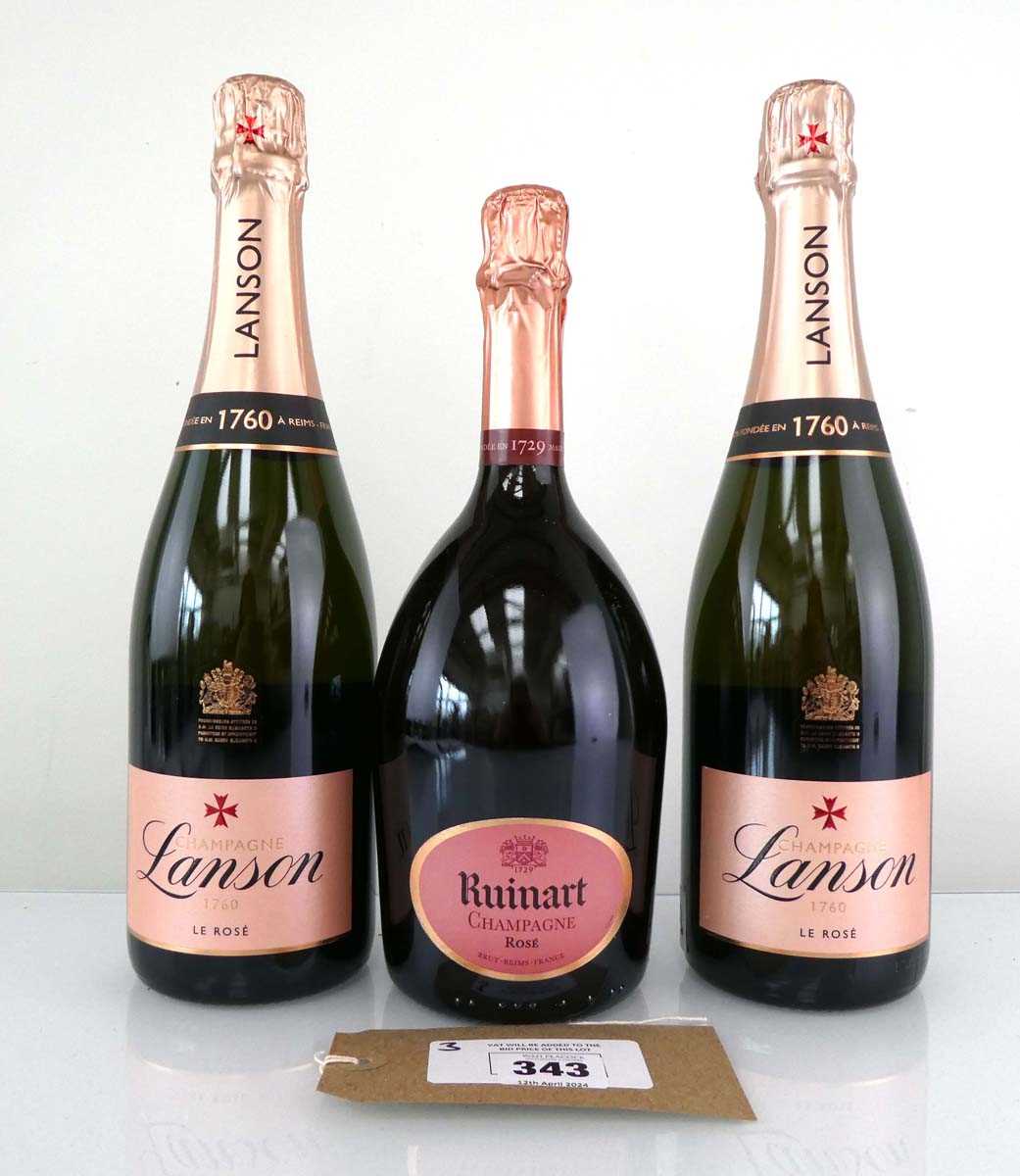 +VAT 3 bottles of Rose Brut Champagne, 1x Ruinart & 2x Lanson Le Rose (Note VAT added to bid price)