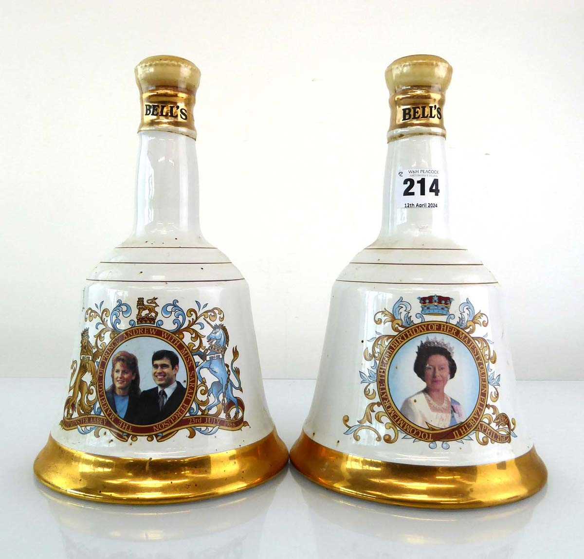 2 Bells Celebration Decanters for Queens 60th Birthday & Prince Andrews Marriage 1986 43%