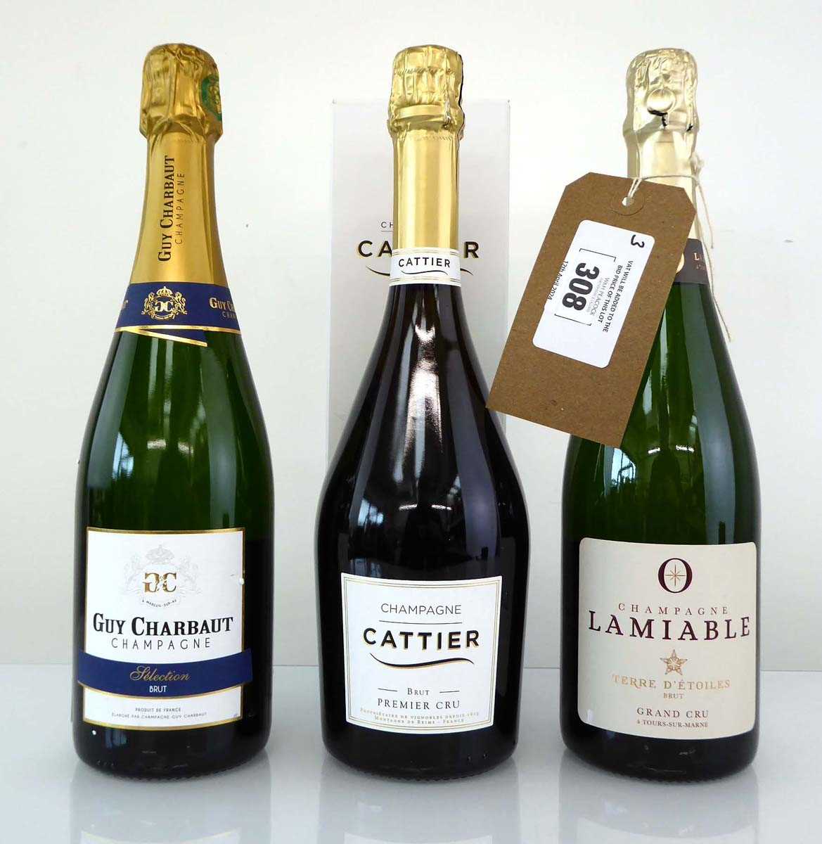 +VAT 3 bottles of Chamagne, 1x Cattier Brut Premier Cru with box, 1x Lamiable Terre D'Etoiles Brut