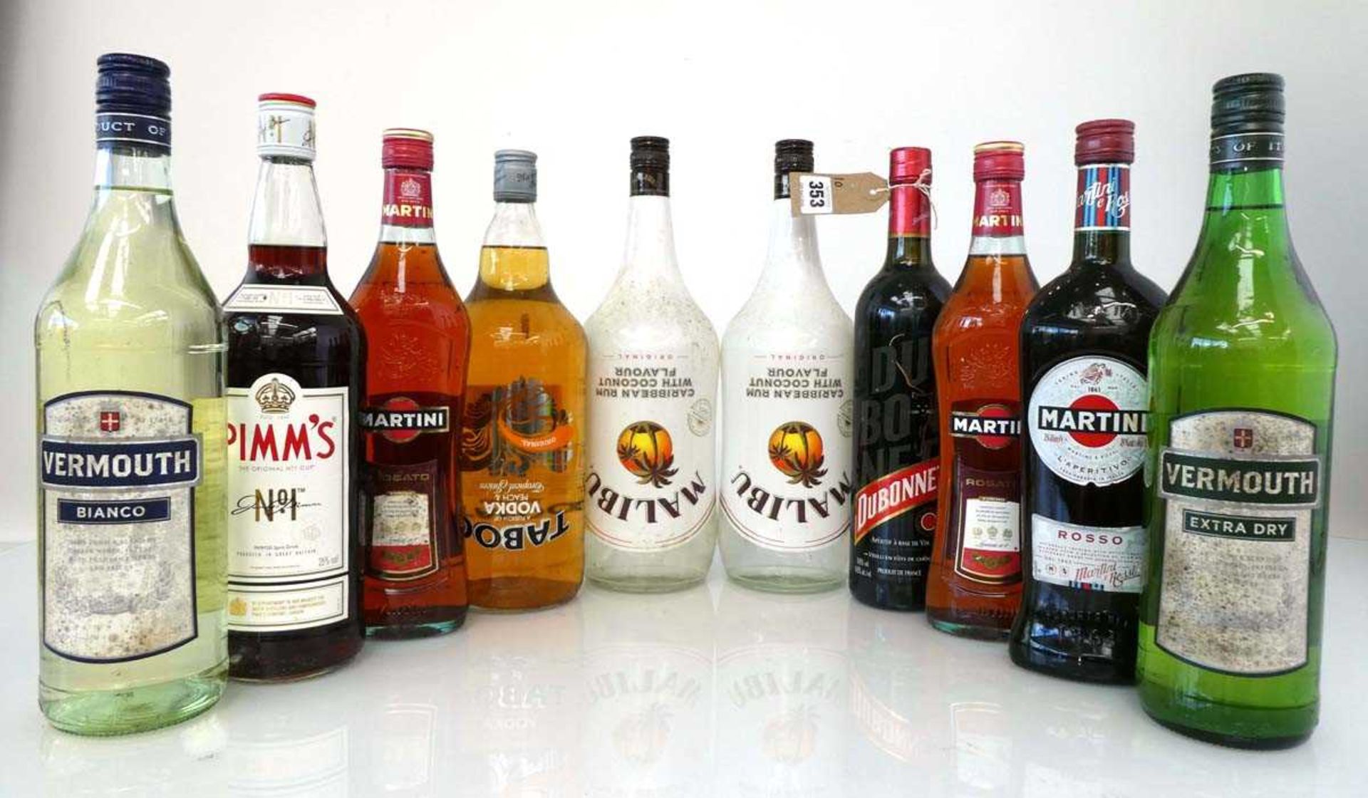 10 bottles, 1x Dubonnet Aperitif 14.8% 75cl, 2x Malibu Rum & Coconut 21% 1.5 litres, 1x Pimm's No1