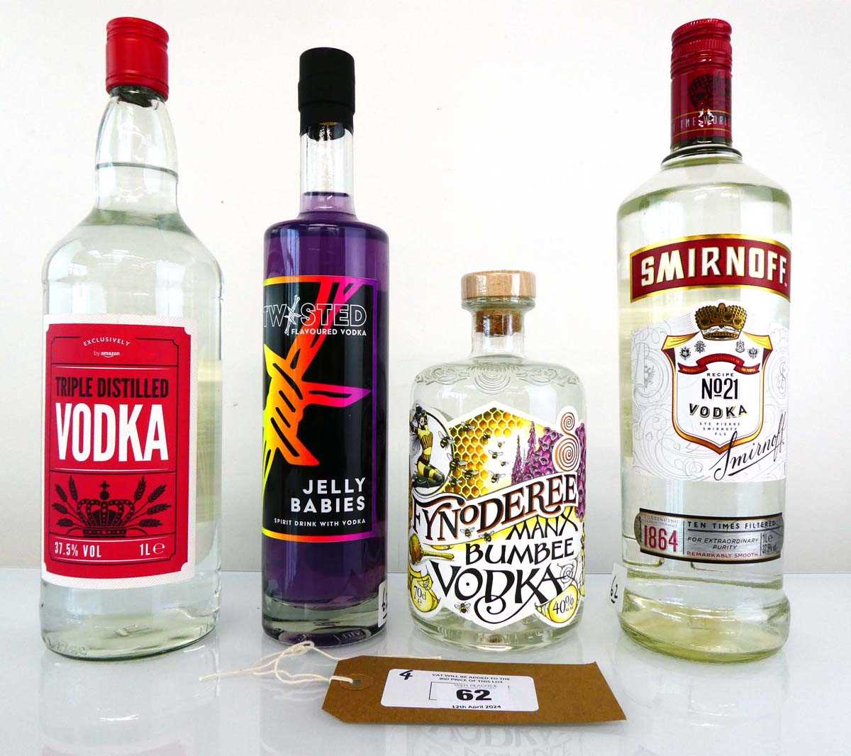 +VAT 4 bottles of Vodka, 1x Fynoderee Manx Bumble Vodka 40% 70cl, 1x Twisted Jelly Babies