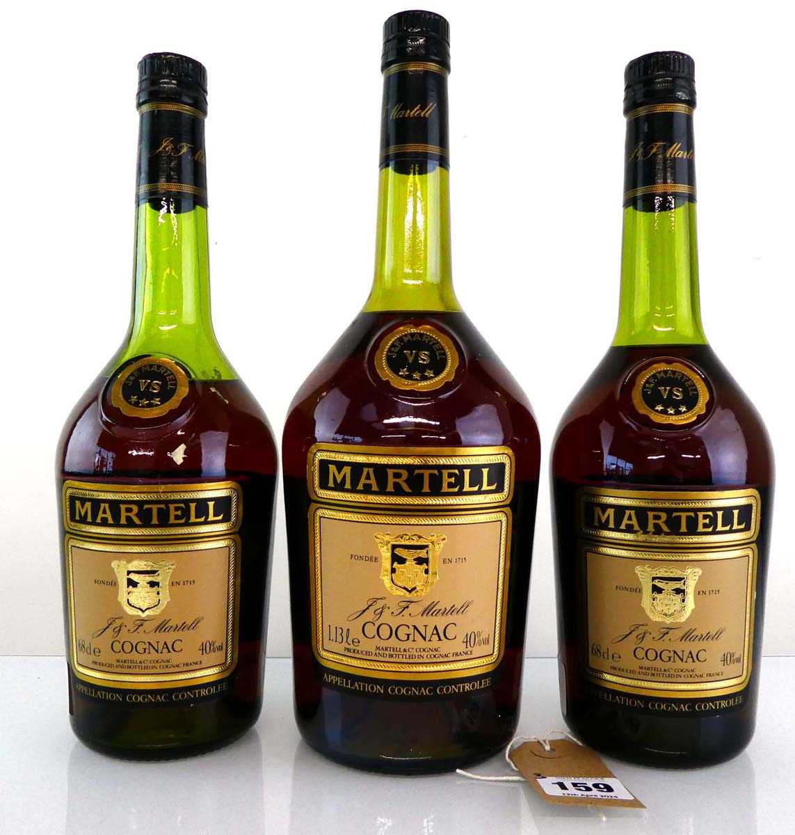 3 bottles of J&F Martell VS Cognac, old style 40% 1x 1.13 litre & 2x 68cl